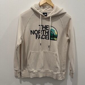 Women’s The North Face Hoodie Small Ivory Graphic Logo Mountain Scene Drawstring